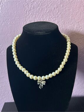 Handmade Pearl Bead Necklace with Bow Charm